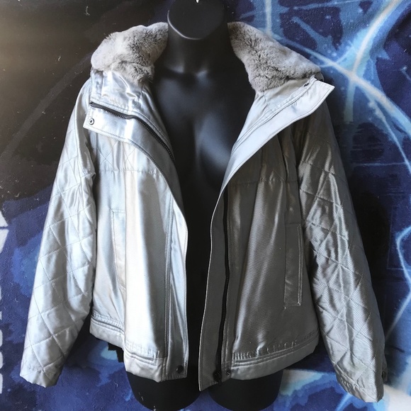 Charles Nolan silver silk apres-ski hooded jacket with fur, XL